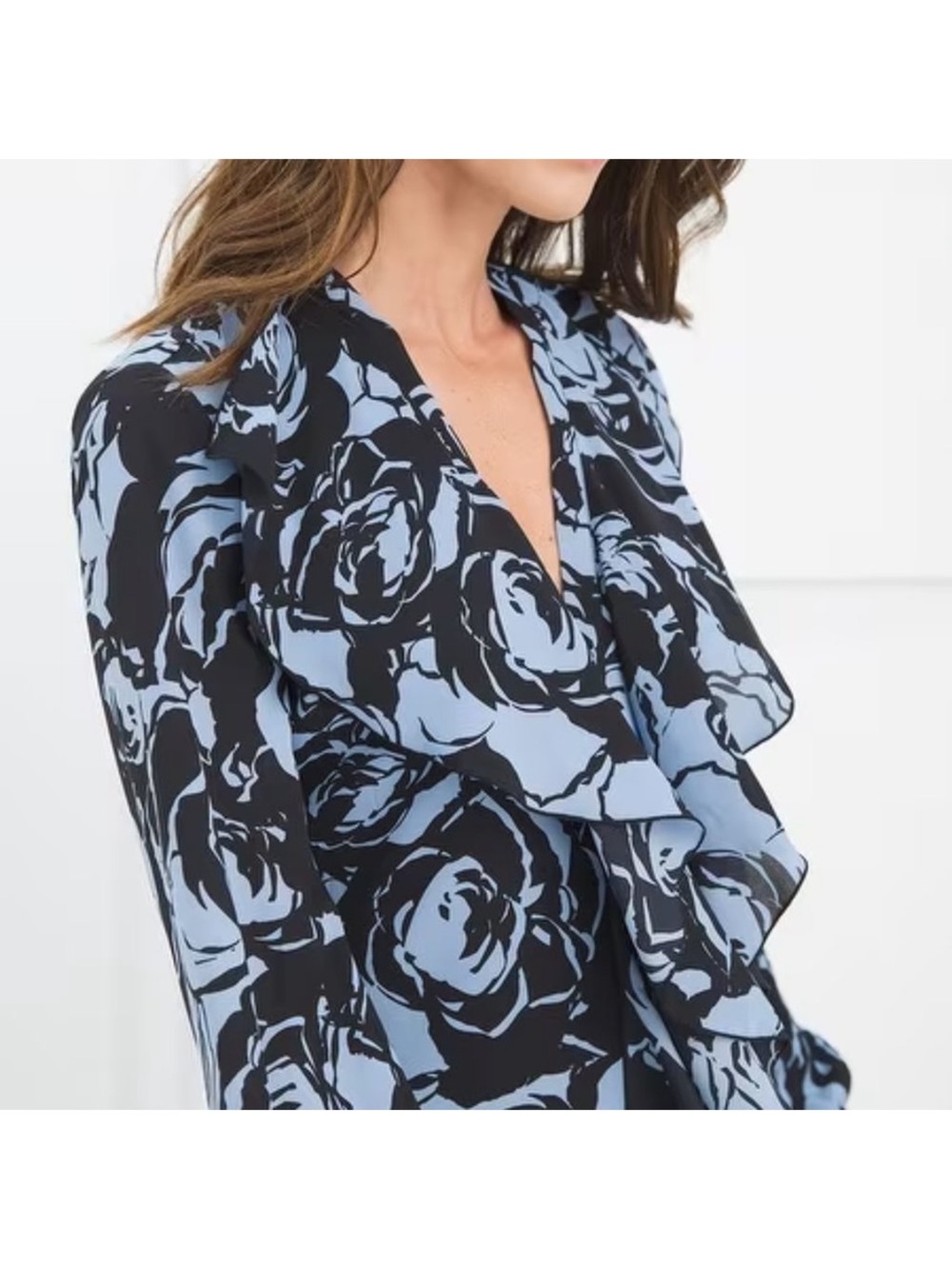 Chico's Black and Light Blue Floral Ruffle Midi Dress